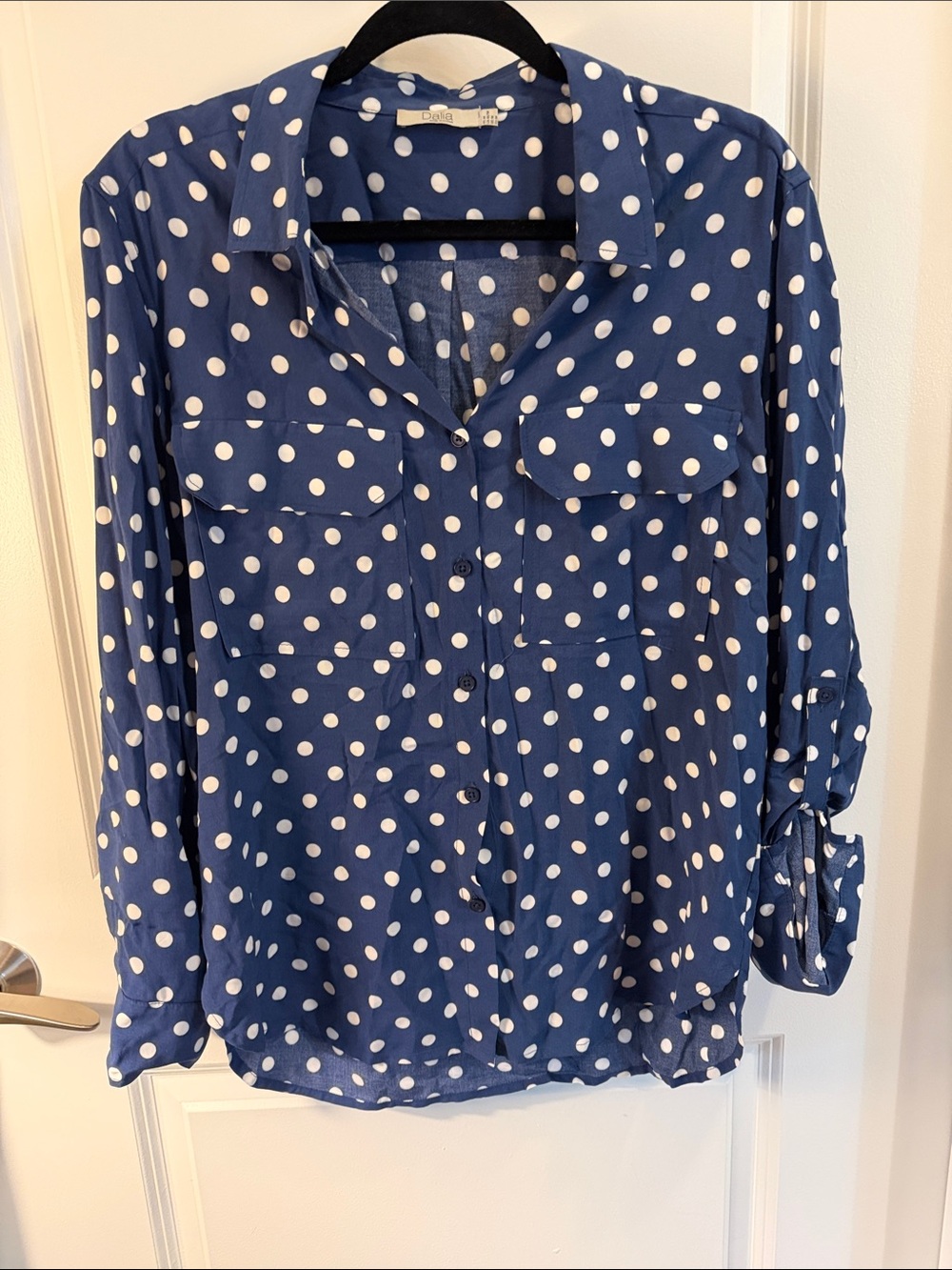 Dalia Navy White Polka Dot Button-Down Blouse